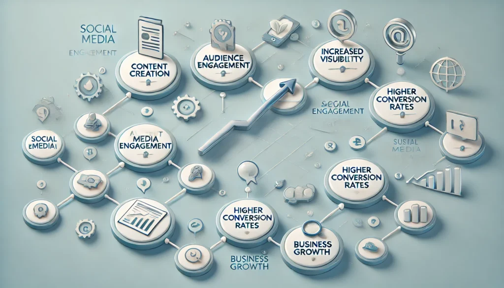 Flowchart illustrating the process of social media engagement leading to startup growth. The flow starts with 'Content Creation' (pen or document icon), moves to 'Audience Engagement' (comment bubble icon), followed by 'Increased Visibility' (magnifying glass icon), then 'Higher Conversion Rates' (upward arrow icon), and ends with 'Business Growth' (graph icon showing growth). The design uses a clean, professional style with soft blue and green tones and connecting arrows between steps.